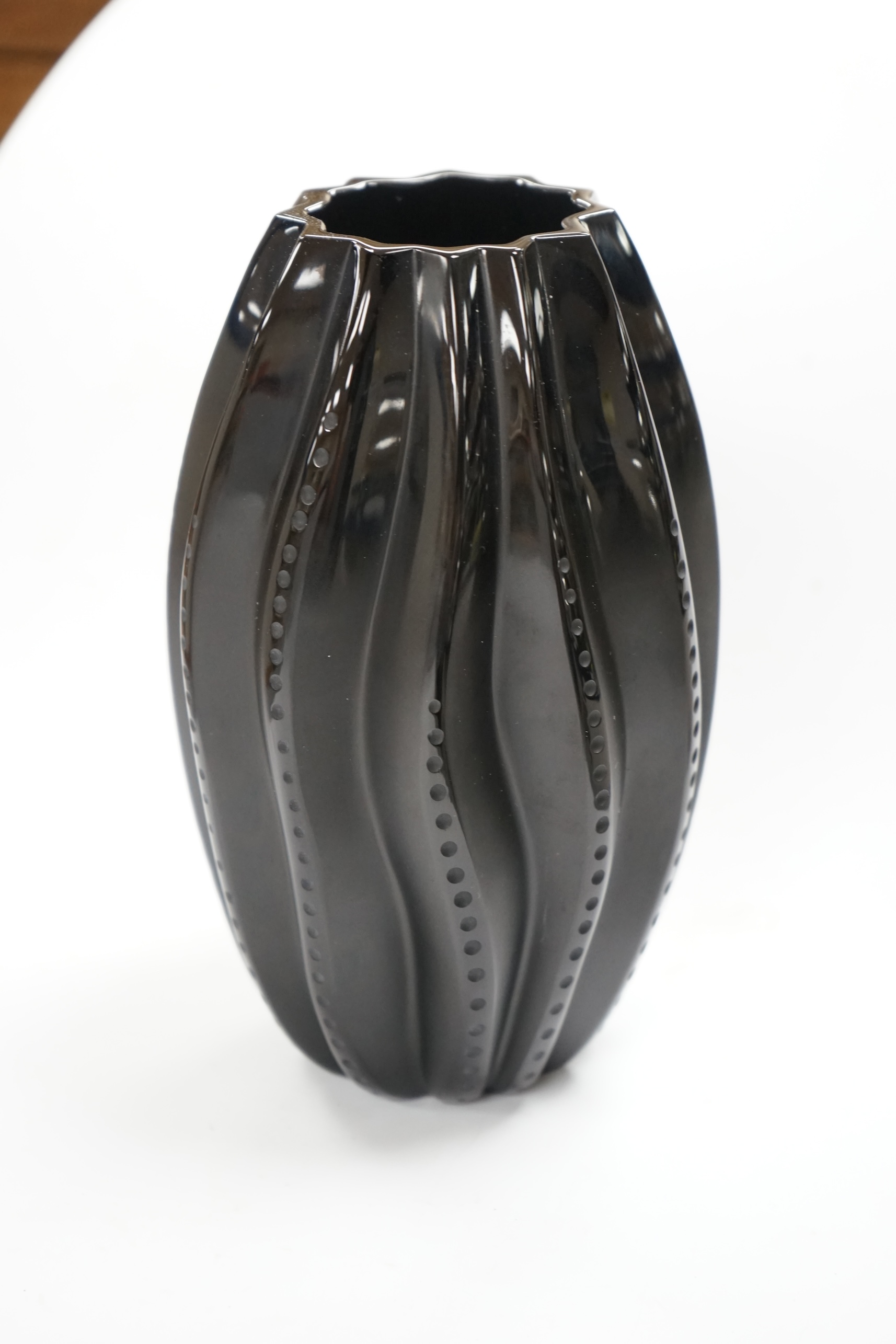 A boxed Lalique Medusa vase, Black Collection, with documents, vase 19cm high. Condition - good